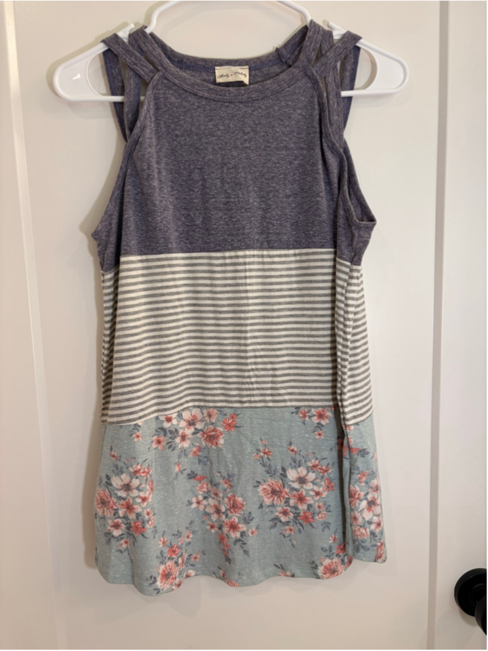 Lovely Melody Purple Floral Colorblock Striped Split Strap Tank Top NWOT Size S
